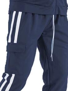 Mens Navy And White Side Stripe Cargo Track Pants Elastic Waist With Drawstring Ankle Zipper Streetwear ACtivewear Gym And Fitness Casual Pants  Regular Fit    Weekend Casual  Night Out  Sports  Daily - 海軍白 - 查看 3