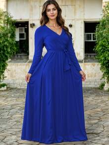 Vestido Largo Elegante con Manga Larga y Cinturón Ajustable Para Dama– Estilo Sofisticado y Atemporal para Toda Ocasión - Azul - Ver 2