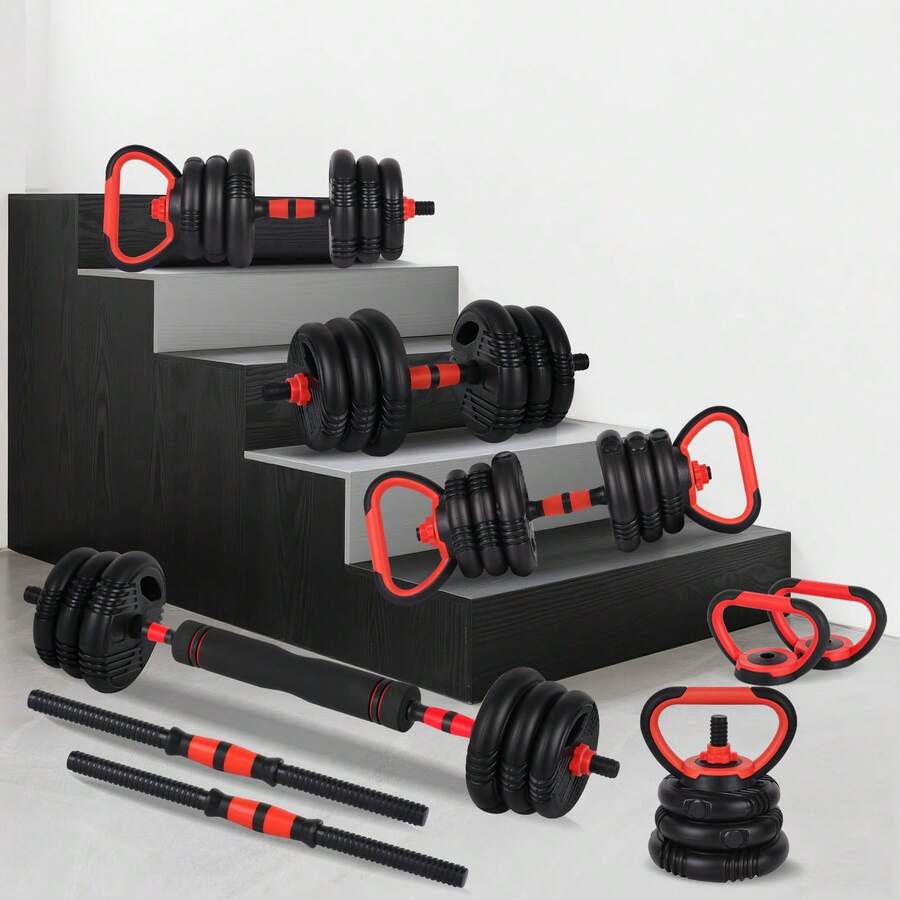 ADVWIN 20kg Adjustable Dumbbells, 5-In-1 Free Weight Set With Connector, Dumbbells Set Used As Barbell, Kettlebells, Push Up Stand, Weight Plate, Fitness Exercises For Home Gym - 黑色 - 查看 1