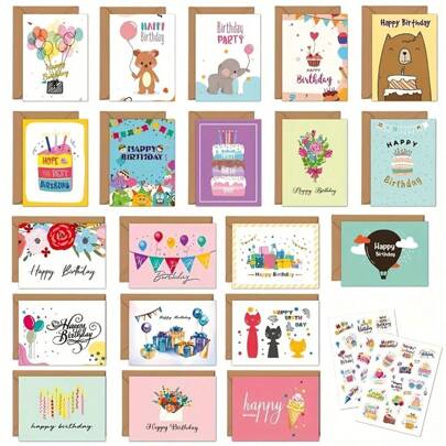 20pcs Happy Birthday Greeting Cards Set With Envelopes And Stickers, DIY Combination, Creative Blessing Message Cards, School Supplies, Back To School