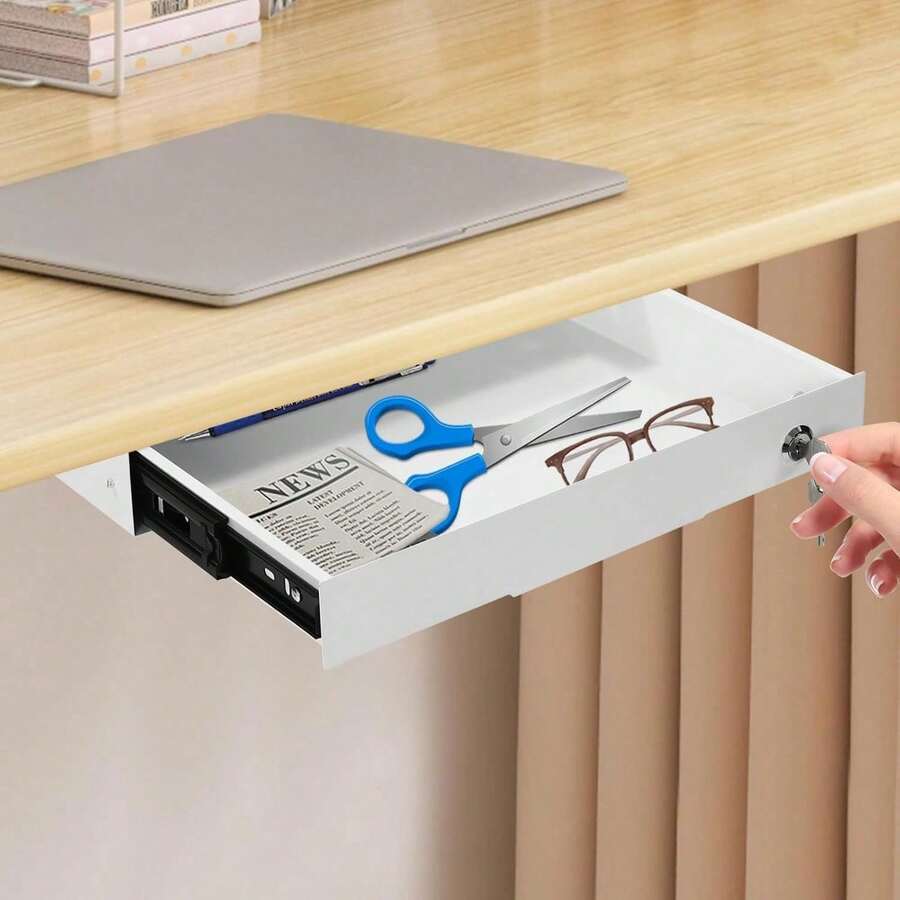 Under Desk Drawer Sliding Pull-Out Drawer, Drawer Storage Organizer For Standing Desks, Pull-Out Desk Drawer For Under Desk, Under Desk Drawer With Lock (White, 14"X10.6"X2") - trắng - Xem 1