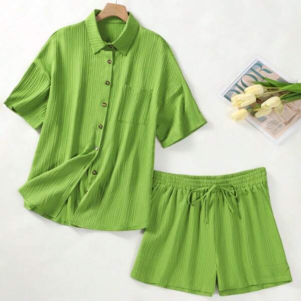 Plus Size Solid Color Pocket Button Short Sleeve Shorts 2 Pieces Set, Suitable For Home & Vacation