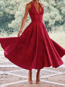 Women Jacquard Halter Dress Elegant Low Cut Sleeveless Open Back A-Line Long Dress For Evening Party Club - 酒紅色 - 查看 5