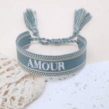 1pc Handmade Embroidered "AMOUR" French Script Braided Vintage Style Bracelet, Suitable As Couples/Holiday Gift - Baby Blue - View 6