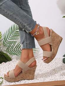 女士厚底坡跟凉鞋，厚底草编坡跟凉鞋，时尚高跟一脚蹬凉鞋