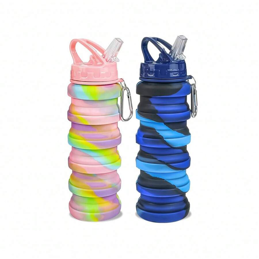 2pcs Silicone Collapsible Water Bottles, 16oz Portable Foldable Expandable Water Bottle Sports Cups With Straw, Leak Proof , For Outdoor ActivitiesTravel (Pink+Blue)Trendingnow - 藍色 - 查看 1