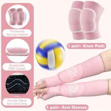 1 set - 1 paire de manchettes de bras pour le volleyball + 1 paire de manches de genou épaisses en éponge. Manches de bras avec coussinets et trou pour le pouce, adaptées pour le volleyball, hommes et femmes.