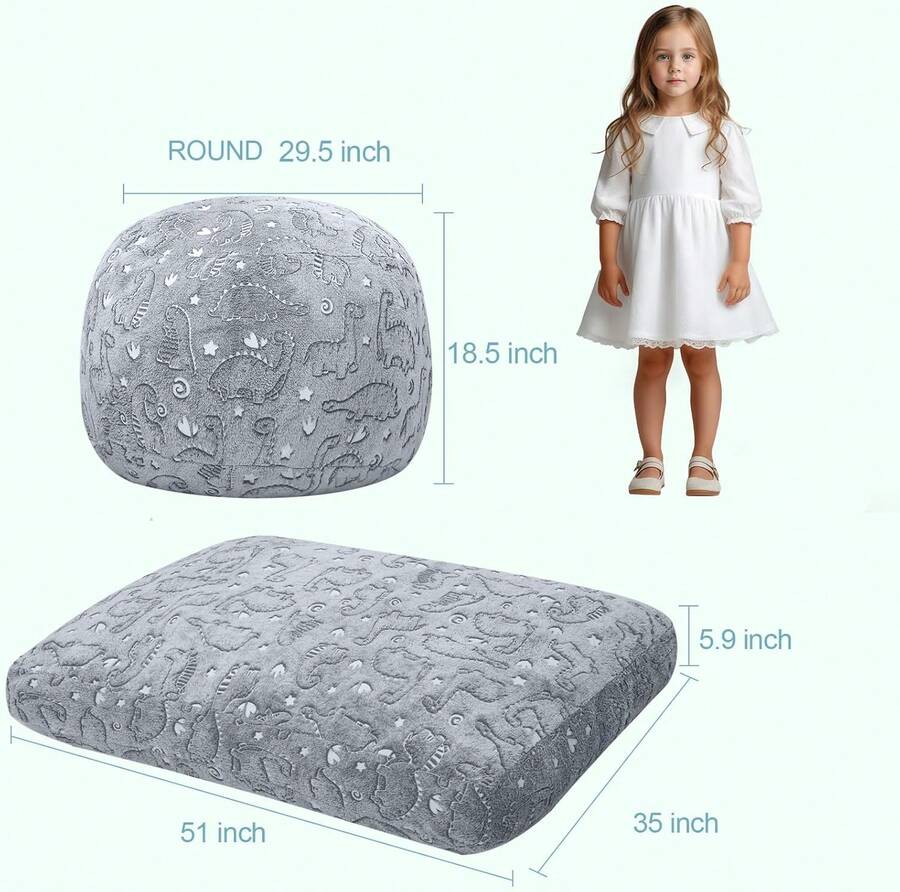 Kids Bean Bag Chair Turn Into Beanbag Bed, Dinosaur Toddler Bean Chair For Girl Boy Sleeping, Lazy Children Bean Bags With Filler, Convertible Child Floor Mattress, Grey Dino - 淡紫色 - 查看 1