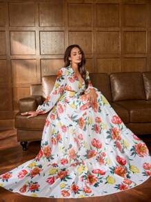 Faeriesty 印花优雅雪纺晚礼服，带有鲜艳的花卉印花、深 V 领口和多层裙摆 | 适合正式场合的浪漫优雅设计 | 非常适合婚宴、花园庆典和海滩婚礼