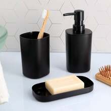 4pcs Bathroom Accessories Set, Including Soap Dispenser, Toothbrush Holder, Cotton Swab Holder, Complete Bathroom Accessories - Black - View 3