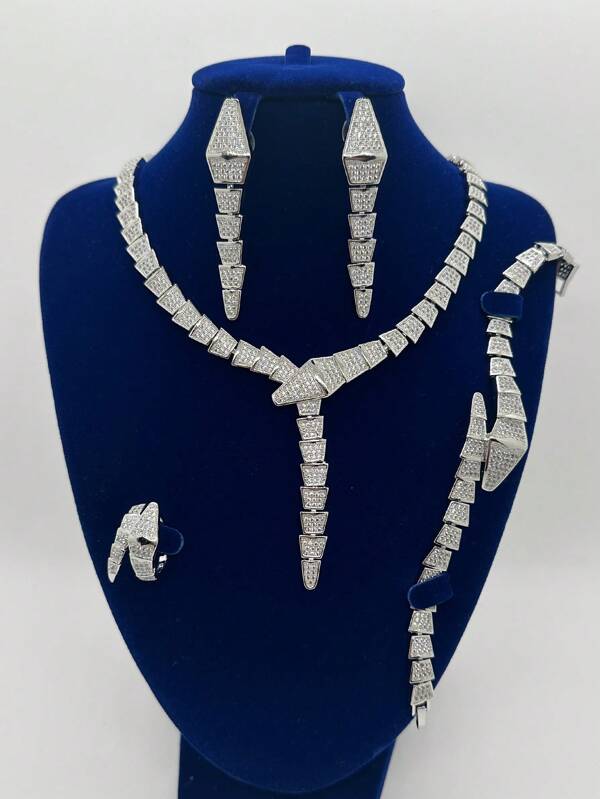 5pcs Luxury Snake Shape Gold & Silver Necklace, Earrings, Bracelet, Ring 4-Piece Jewelry Set. Suitable For Women's Party, Daily Wear, Wedding. Deluxe Gift