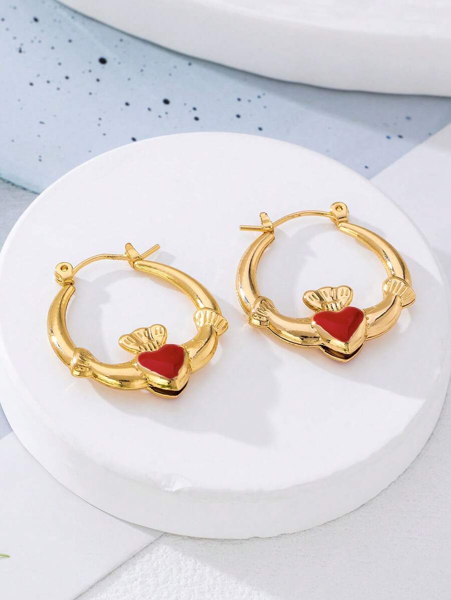 1 对珐琅合金几何圆形、皇冠、心形设计耳钉，适合女士佩戴，复古简约可爱优雅时尚，适合情人节礼物、派对、日常佩戴 - 紅色 - 查看 1