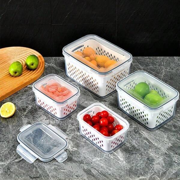 Set de 9 piezas de recipientes de almacenamiento de alimentos con canasta y tapa - Cajas de organización para nevera para frutas, verduras, carnes, de doble uso para drenaje y preservación hermética