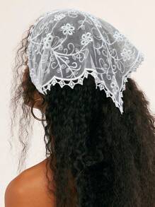1pc White Knitted Flower & Mesh Pattern Triangle Scarf Headband Hair Band Turban Headband Sweatband