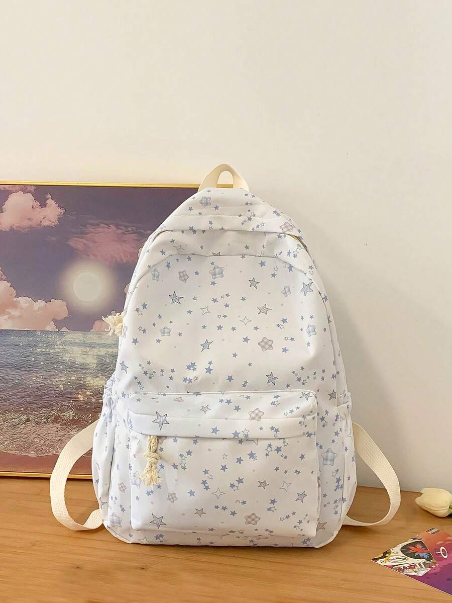 1 件时尚经典基本款返校背包，星星印花学生包，带笔记本电脑隔层书包，可调节肩带书包，休闲轻便旅行背包，非常适合女孩/青少年/学生/毕业生，适合日常使用、郊游、旅行、学校和返校