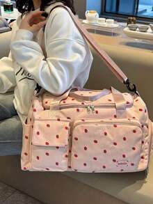 1 件草莓图案灯芯绒材质旅行行李袋，大容量衣物收纳，带独立鞋隔层和干湿袋，可拆卸可调节肩带，适合旅行、游泳、运动健身学校包学校配件学校用品旅行必需品假日度假行李袋行李箱旅行包女士