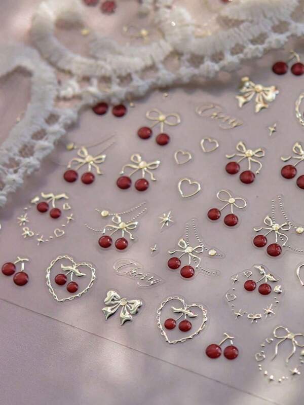 1pc 5D Metal Nail Art Sticker Exquisite Bow Cherry Nail Sticker Self Adhesive Dly Nail Accessories