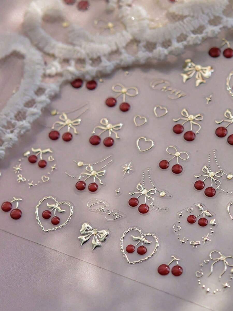 1pc 5D Metal Nail Art Sticker Exquisite Bow Cherry Nail Sticker Self Adhesive DIY Nail Accessories