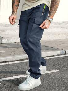 Pantalones cargo casuales para hombre con cintura con cordón, bolsillos con cremallera, pantalones largos ligeros de primavera/verano para correr, entrenamiento y actividades al aire libre - Azul - Ver 3