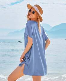 Women Satin Nightgowns Short Sleeve Silk Sleepwear Boyfriend Casual Dresses With Chest Pocket S-XXL - 藍色 - 查看 5