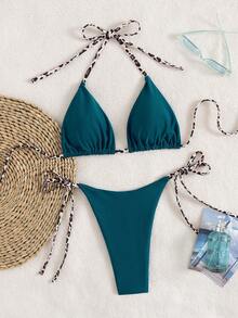 Bộ bikini hai mảnh buộc dây cổ, in họa tiết da báo, gợi cảm dành cho nữ, thích hợp cho kỳ nghỉ hè ở bãi biển. - Màu xanh bụi bặm - Xem 2