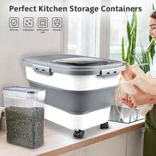 Contenedores De Almacenamiento De Arroz, Dispensador Plegable De 20 A 30 Libras De Almacenamiento De Alimentos Con Rueda Rodante Y Tapa Hermética Transparente, Sin BPA, Harina, Azúcar, Cereales,6273746 - Coffee Brown - View 8