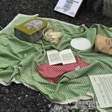 1 pieza Alfombra portátil para picnic y exteriores, material de lino, decoración de cuadros y encaje, accesorio para camping y fotografía