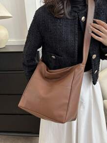 Solid Color PU Fabric Simple Large Capacity Handbag, Solid Color Casual Shoulder Bag, Women's Multifunctional Fashionable Portable Handbag, Retro Wide Shoulder Strap Square Bag, Fashionable Travel Shopping Bag, New Business Leisure School Commuting Shoulder Bag