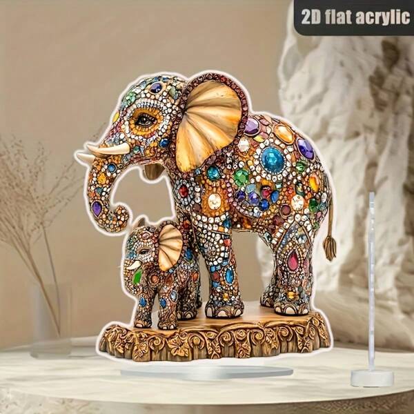 1pc Bohemian Elephant Mother And Baby Elephant Decoration Colorful Acrylic Tabletop Art Ideal For Home And Office Decoration, Fashionable Gemstone Style Decoration Perfect Gift For All Occasions Ideal Elephant Decoration