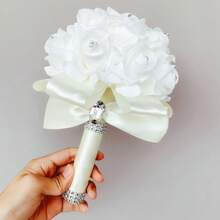 Artificial Wedding Bride Bouquet Handheld Bridesmaid Flower With Ribbon - White - View 1