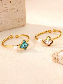 Anillos de acero inoxidable con pequeñas mariposas azules y flores, anillo de color dorado impermeable para mujeres, joyería de perlas falsas para boda, accesorios para vacaciones, regalo para mamá/mejores amigas/hija