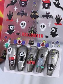 2 PIEZAS Pegatinas de uñas con relieve 5D espeluznantes para Halloween con gato negro, telaraña, murciélago, negro oscuro, decoraciones de uñas autoadhesivas tipo slider góticas Y2K para decoración de manicura en festividad de Halloween