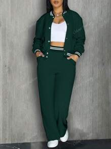 Jaqueta de beisebol feminina, roupa esportiva de cor sólida, roupa esportiva com bolso, conjunto de 2 peças para acampamento ao ar livre, moletom com capuz e cordão, roupa esportiva