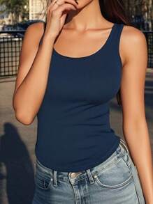 1pc Women's Minimalist Casual Tank Top With Bra , Sleeveless Rib-Knit Scoop Neck Vest Top.