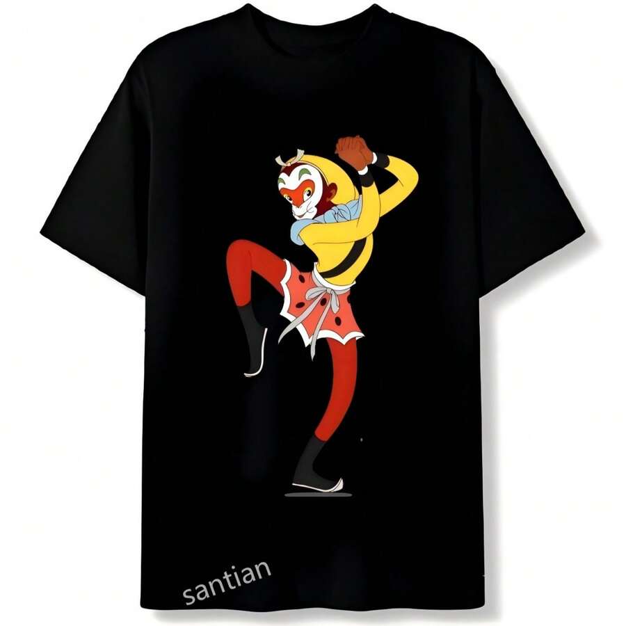 Men's Short Sleeve, Funny Anime Print Short Sleeve, Black T-Shirt With Image Of Cartoon Monkey Wearing Yellow Top, Red Pants And White Belt, Thick Cotton Short Sleeve, Loose And Comfortable - 黑色 - 查看 1