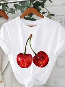 Camiseta Manga corta Cuello redondo Grafico Cerezas Bola Disco mujer - Blanco - Ver 1