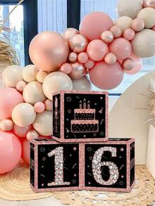 3Pcs Black Pink Birthday Paper Box,Happy 16th/21th/30th/40th/60th/50th Birthday Box,Glitter Elegant Square Paper Boxes,16th/21th/30th/40th/60th/50th Birthday Party Decor,16/21/30/40/60/50 Years Birthday Celebration Supplies - Pink Black - View 9