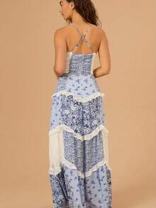 Women's Floral Dress Stylish Lace Patchwork Ruffled Trim Sleeveless Spaghetti Strap V Neck A-Line Long Dress For Summer - 藍色 - 查看 2