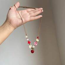 1Pcs Kawaii Resin Apple Necklace - Hand-Strung Bead Choker With Bitten Apple & Ladybug Charm, Dopamine Red-White Jewelry, Cute Gift For Best Friend - Dây chuyền quả táo đỏ (Kiểu C) - Xem 3