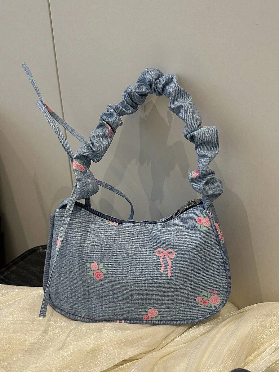 1 件浅蓝色尼龙面料光滑拉链花卉印花抽绳肩带设计时尚百搭休闲新款夏季小号独特单肩包,适合女性日常使用 - 藍色 - 查看 1