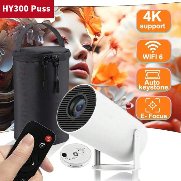 HY300Puss  Projector, Operating System With WiFi Functionality, Lightweight And Portable For Easy Carrying, Features A High-Fidelity Speaker That Can Be Used Without External Connection, Adjustable 180° Stand Angle, Fully Compatible With Phones, Computers, TVs, Etc., An Ideal Choice For Outdoor Camping And Home Theaters