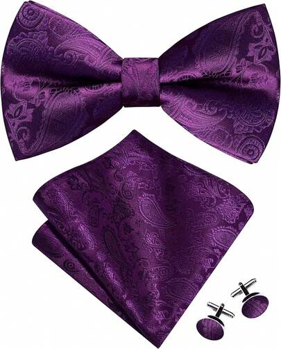Mens Paisley Jacquard Woven Pre-Tied Bow Tie Set - With Pocket Square & Cufflinks, Adjustable Design, Suitable For Business Banquets, Weddings & Parties