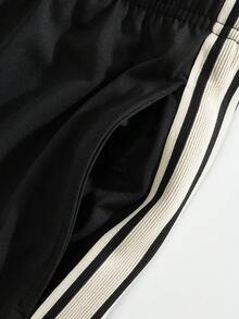 2 件男士夏季休闲运动套装，侧条纹抽绳腰部宽松短裤和长裤，短袖 T 恤上下套装，时尚男装 - 黑色 - 查看 11