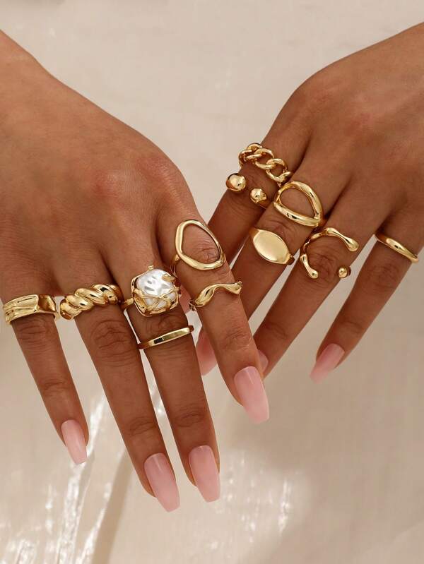 12pcs Women Open Adjustable Rings Set, Geometric Asymmetrical Luxury Design