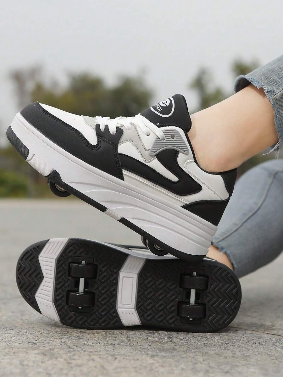 Women's Roller Skates With Contrast Color Splicing, Convertible Couple Inline Skates, Detachable & Retractable, Suitable For Teenagers And Adults, 4-Wheel PU Leather Roller Shoes