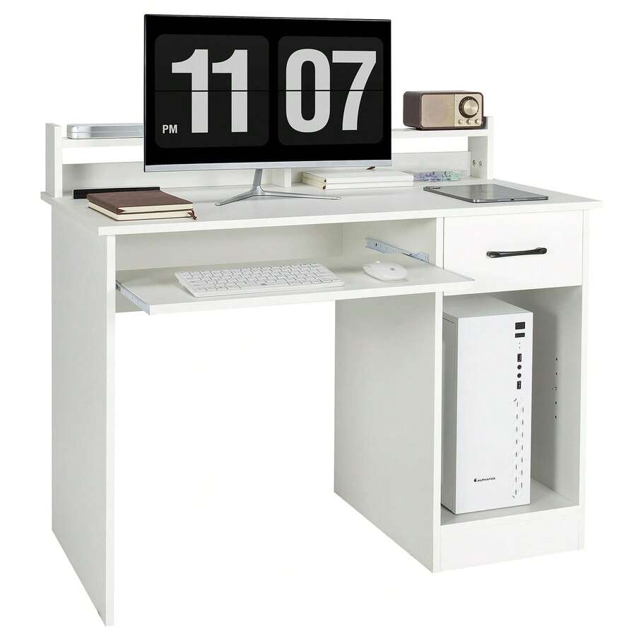 GOFLAME Computer Desk Home Office Workstation With Display Shelf And Drawer - White - View 1
