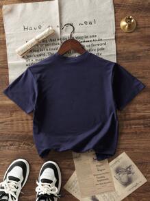 Girls & Teens' Casual Navy Blue Graphic Print Crew Neck Short Sleeve T-Shirt, Summer Top