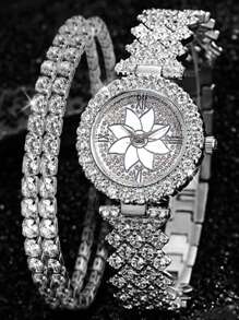 2pcs Women's Fashionable And Casual Quartz Watch, Round Luxury Full Diamond Watch, Paired With Diamond Studded Bracelet Jewelry Combination Set, Suitable For Daily Wear, Festivals And Parties, The Best Gift For Women.