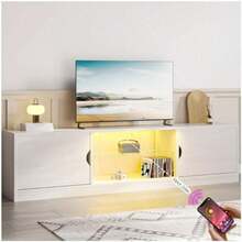 160 CM TV Grande, con Vidrio Templado Luz LED Centro de Entretenimiento para T V, Mesa para de Madera de Alta Gama, Apto para Salón y Dormitorio (Color Gris) - Blanco - Ver 6