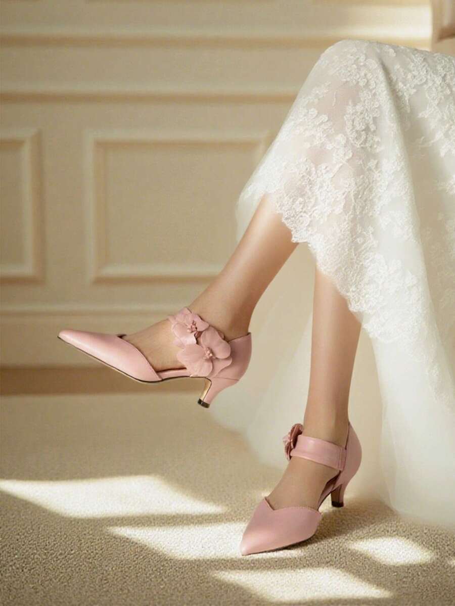 Women's Low Heel Dressy Shoes Elegant Kitten Heels Pointed Toe Floral Heels Comfy Slip On Ankle Strap Party Pumps With Flower  - 粉色 - 查看 1